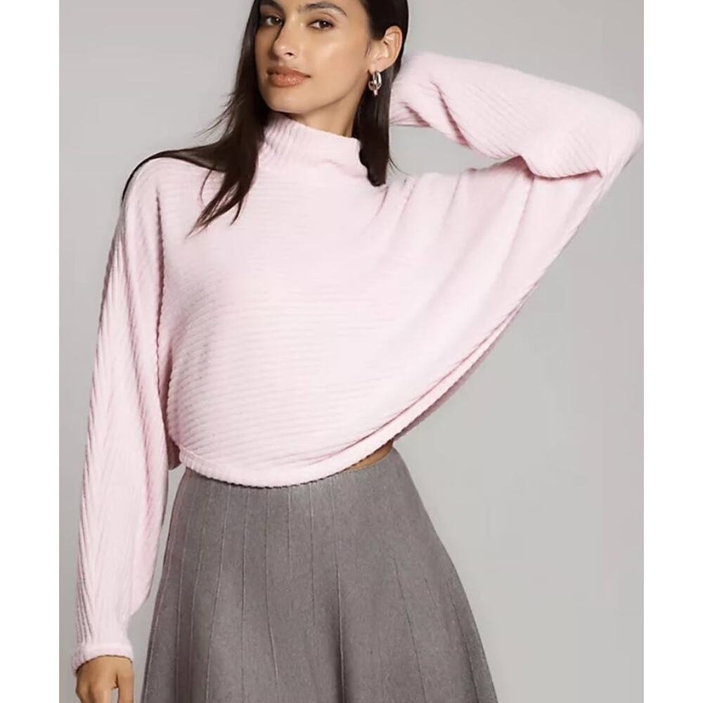 Pilcro Ribbed Turtleneck Batwing Cropped Sweater XS Pink Soft Cozy Quiet Luxury